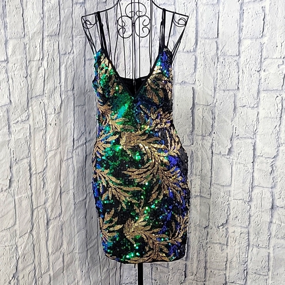 SHOP 17 Floral Gold, Blue, and Green Sequined Dress Medium